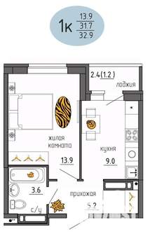 1-к квартира, строящийся дом, 33м2, 21/25 этаж