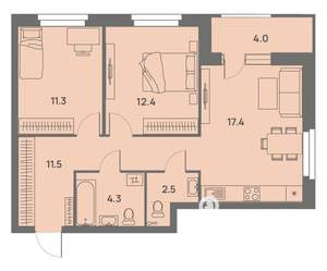 3-к квартира, строящийся дом, 61м2, 16/25 этаж