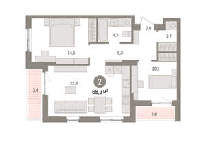 2-к квартира, вторичка, 68м2, 3/11 этаж