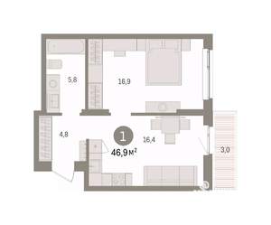 1-к квартира, вторичка, 47м2, 3/9 этаж