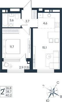 2-к квартира, строящийся дом, 40м2, 9/15 этаж
