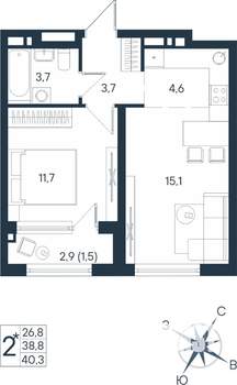 2-к квартира, строящийся дом, 40м2, 10/15 этаж