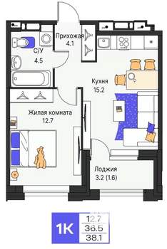 1-к квартира, строящийся дом, 38м2, 6/16 этаж