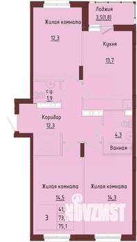 3-к квартира, строящийся дом, 77м2, 9/9 этаж