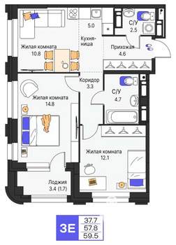 3-к квартира, строящийся дом, 60м2, 12/19 этаж