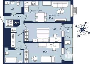 3-к квартира, вторичка, 72м2, 6/10 этаж