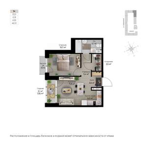 2-к квартира, строящийся дом, 45м2, 2/6 этаж