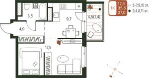 Студия квартира, строящийся дом, 37м2, 3/20 этаж