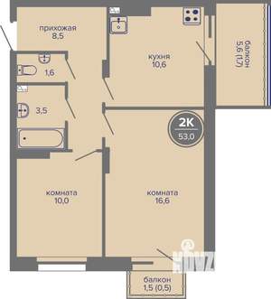 2-к квартира, вторичка, 53м2, 8/26 этаж
