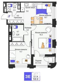 3-к квартира, строящийся дом, 59м2, 7/19 этаж