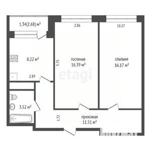 2-к квартира, вторичка, 57м2, 12/18 этаж