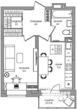 1-к квартира, вторичка, 37м2, 2/9 этаж