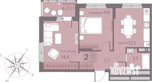 2-к квартира, строящийся дом, 52м2, 6/22 этаж