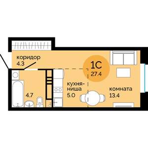 1-к квартира, строящийся дом, 27м2, 6/25 этаж
