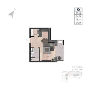 1-к квартира, строящийся дом, 32м2, 6/8 этаж