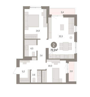2-к квартира, вторичка, 72м2, 7/16 этаж
