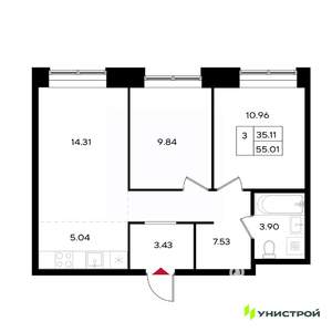 3-к квартира, вторичка, 55м2, 14/25 этаж