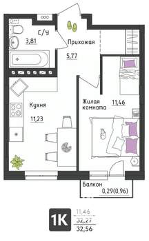 1-к квартира, вторичка, 33м2, 1/4 этаж