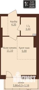 1-к квартира, строящийся дом, 25м2, 6/8 этаж