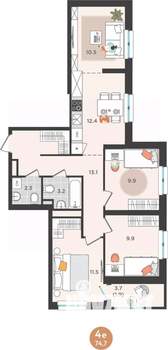 4-к квартира, строящийся дом, 75м2, 19/25 этаж