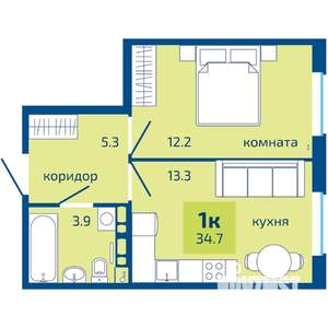 1-к квартира, строящийся дом, 35м2, 10/10 этаж