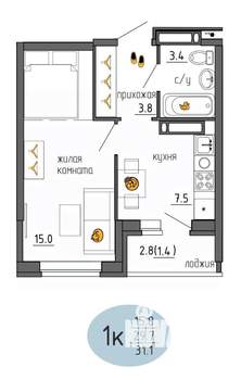 1-к квартира, строящийся дом, 31м2, 22/25 этаж