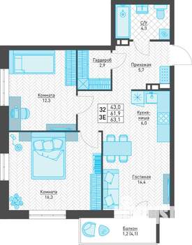 3-к квартира, строящийся дом, 63м2, 4/8 этаж