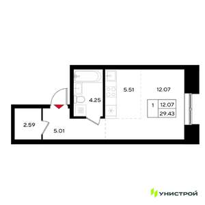1-к квартира, вторичка, 29м2, 5/25 этаж