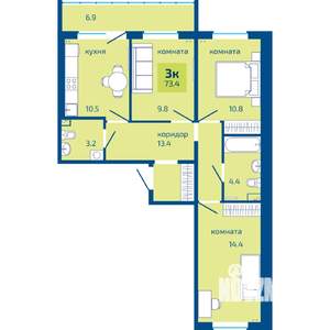3-к квартира, строящийся дом, 73м2, 1/10 этаж