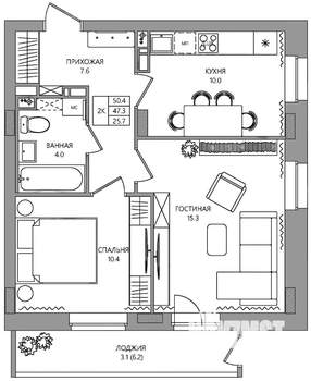 2-к квартира, вторичка, 50м2, 5/9 этаж