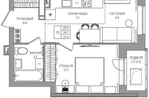 2-к квартира, вторичка, 35м2, 16/22 этаж