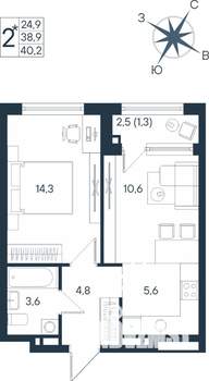 2-к квартира, строящийся дом, 40м2, 8/15 этаж