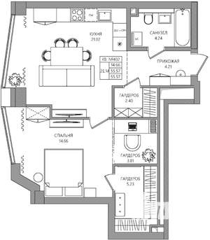 2-к квартира, строящийся дом, 56м2, 24/28 этаж