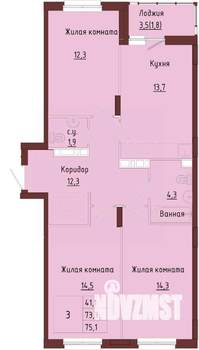 3-к квартира, строящийся дом, 77м2, 8/9 этаж