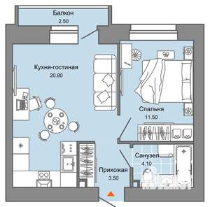 1-к квартира, вторичка, 41м2, 2/8 этаж