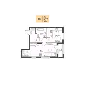 1-к квартира, вторичка, 47м2, 19/22 этаж