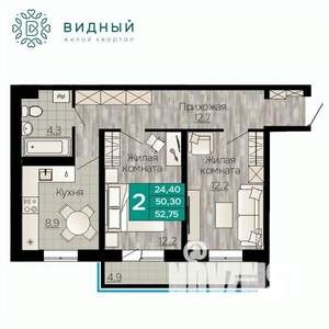 2-к квартира, вторичка, 53м2, 7/8 этаж