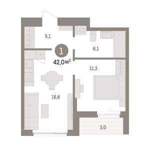 1-к квартира, вторичка, 42м2, 6/16 этаж