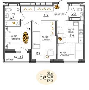 3-к квартира, строящийся дом, 54м2, 22/25 этаж