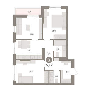 3-к квартира, вторичка, 73м2, 13/16 этаж