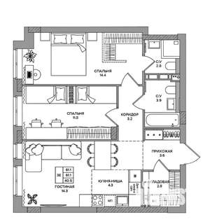 3-к квартира, вторичка, 61м2, 6/9 этаж