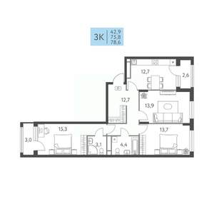 3-к квартира, вторичка, 79м2, 9/22 этаж