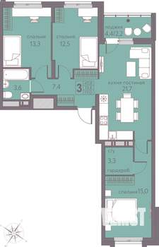 3-к квартира, строящийся дом, 79м2, 13/22 этаж