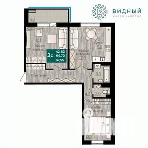 3-к квартира, вторичка, 68м2, 3/8 этаж