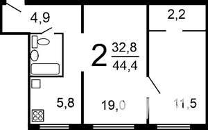2-к квартира, вторичка, 44м2, 8/9 этаж