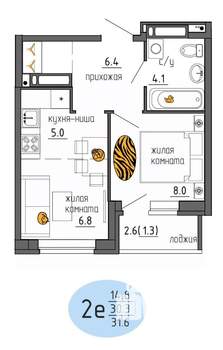 2-к квартира, строящийся дом, 32м2, 21/25 этаж