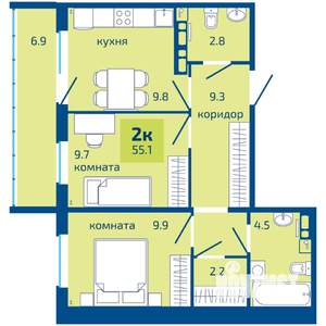 2-к квартира, строящийся дом, 55м2, 8/10 этаж