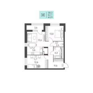 3-к квартира, вторичка, 64м2, 15/22 этаж