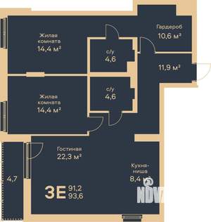 3-к квартира, строящийся дом, 94м2, 6/6 этаж