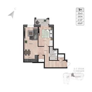 2-к квартира, строящийся дом, 64м2, 6/8 этаж